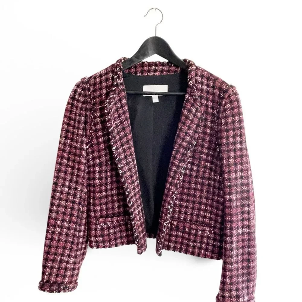 Hugo Boss Johella Modern Tweed Cotton Blend Jacket Burgundy & Black crop blazer - Picture 2 of 8